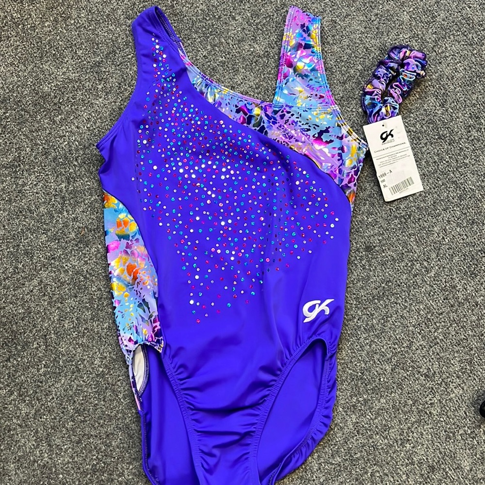 NWT purple metallic glitter cheetah GK gymnastics dance tumbling leotard size AL